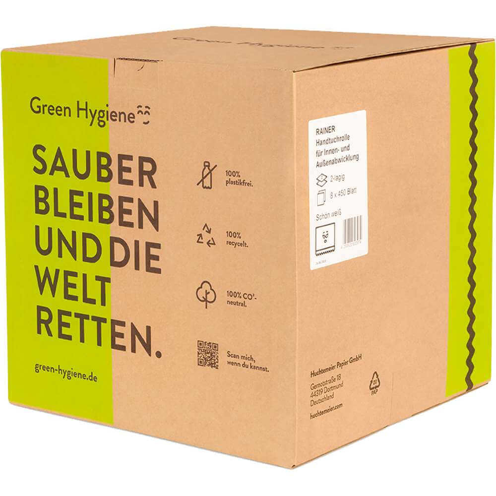 Green Hygiene RAINER, Handtuchrollen Innenauszug, 2-lagig, Recycling, 450 Blatt, 8 Rollen