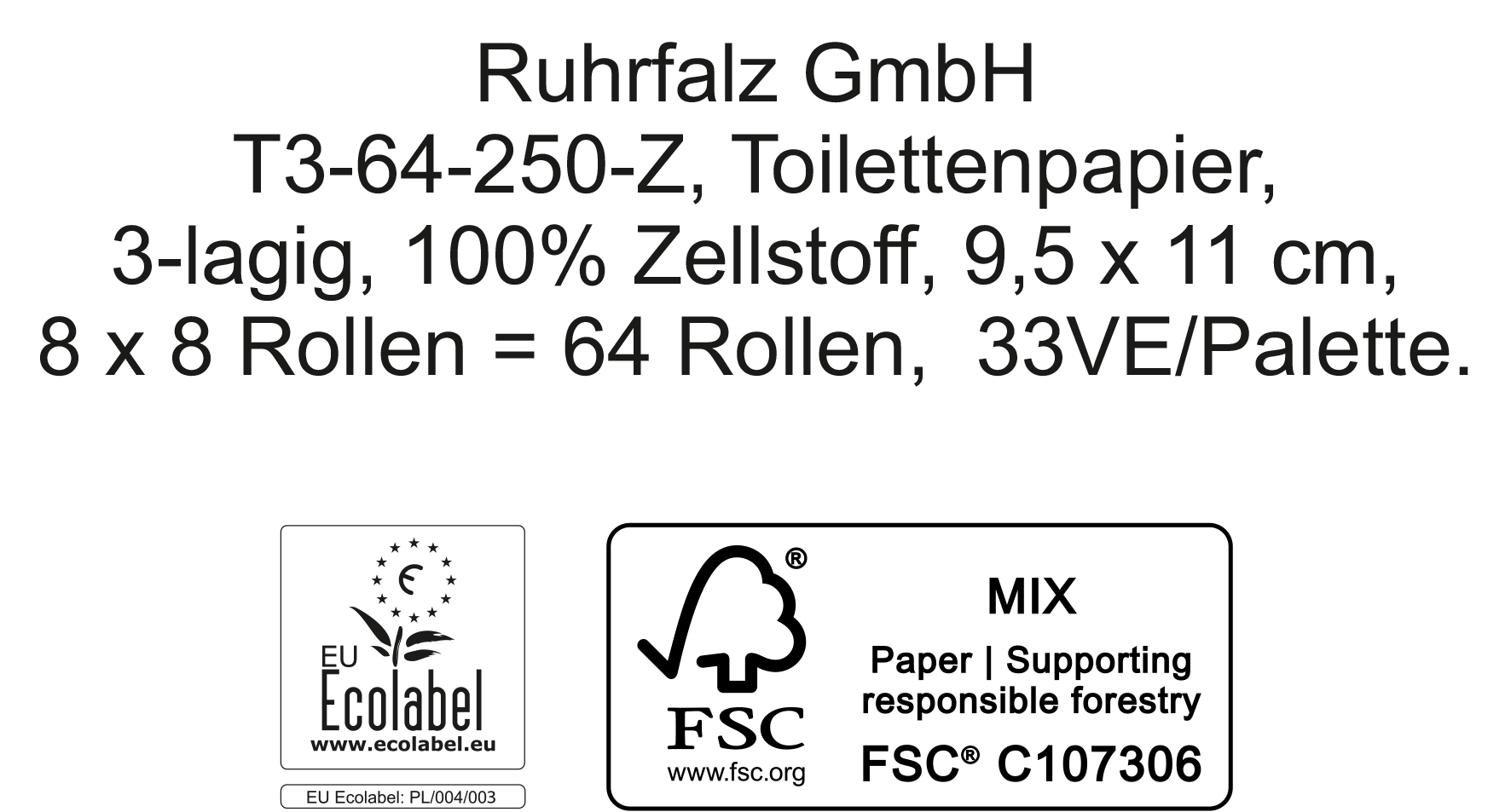 Palette Toilettenpapier, 3-lagig, Zellstoff, 250 Blatt, 64 Rollen